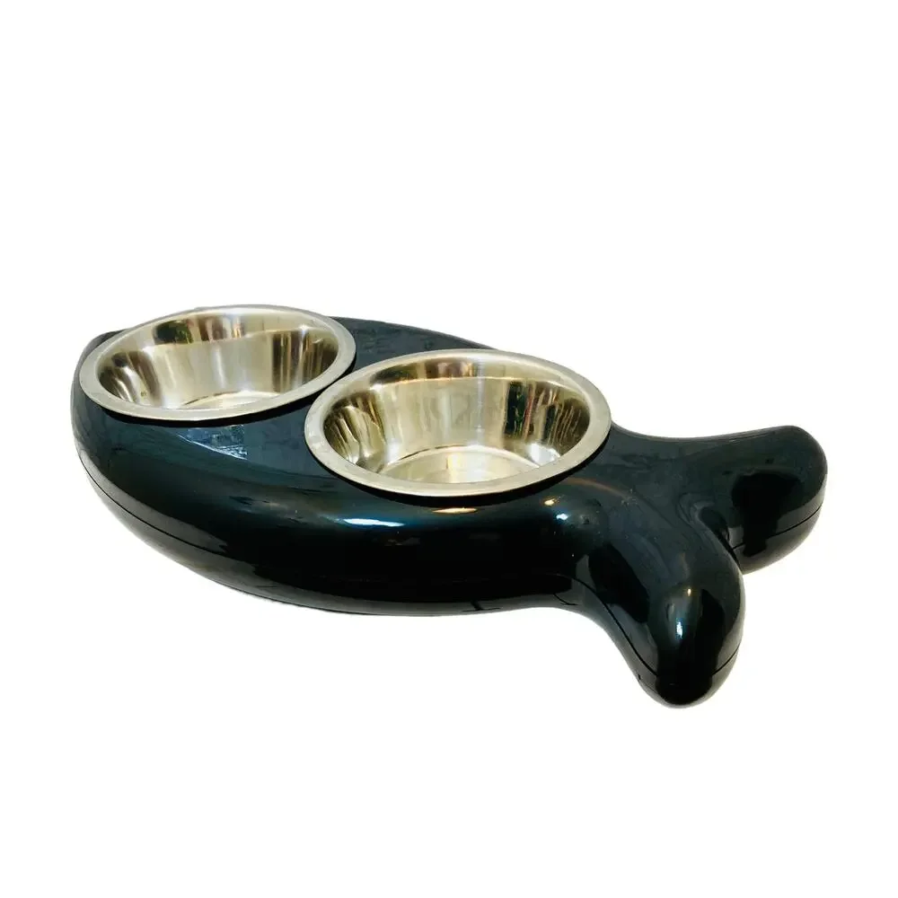 Cat Dish Fish Shaped, Black and Chrome by Blink
